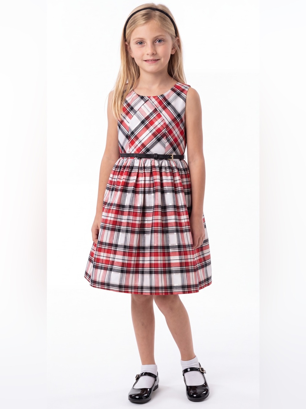 Bonnie Jean Girls sleeveless plaid party dress red white black